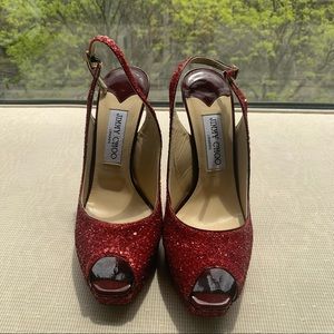 Never worn sparkly red jimmy choo peep toe slingbacks